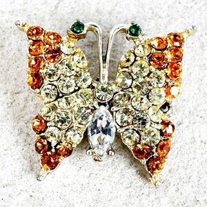 Mid-Century Rhinestone Butterfly Pin Amber Citrine Emerald Accents Gold Tone